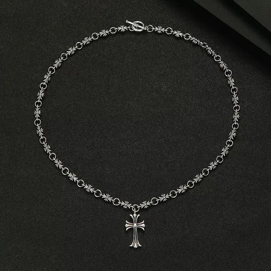 Vintage Silver Cross Pendant Necklace - Gothic Punk Style Flower Chain Choker, Men's Jewelry, Jewelry for Women, Necklaces for Women, Alternative Accessories for Daily Wear