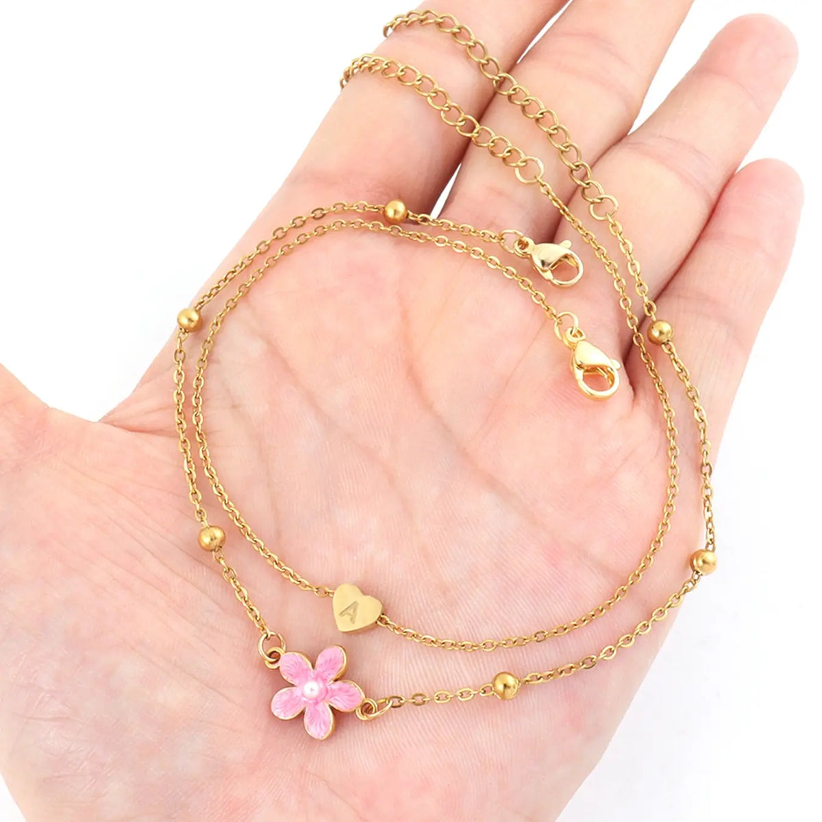 Mother's Day Gift Women's Stainless Steel Chain Dainty Layered Anklet, Fashionable Accessory , Heart Initial Pink Color Flower Design for All Seasons, Summer Jewelry