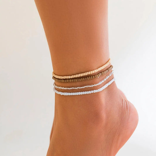 Boho Style Minimalist Solid Color Beaded Anklet (4pcs), Fashionable Jewelry for Women & Girls, Fashion Chains Jewelry for Party, Daily Clothing Decor, Trendy All-match & Exquisite Jewelry for Birthday Gift