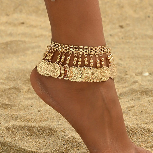 1pc Vintage Appeal Metal Style Alloy Material Coin Bead Fringe Anklet Foot Jewelry, Perfect for Daily Vacation, All Seasons, Retro Fashion Accessory, Trendy Jewelry, Unisex Jewelry, Fashionable Jewelry Accessories, Jewellery