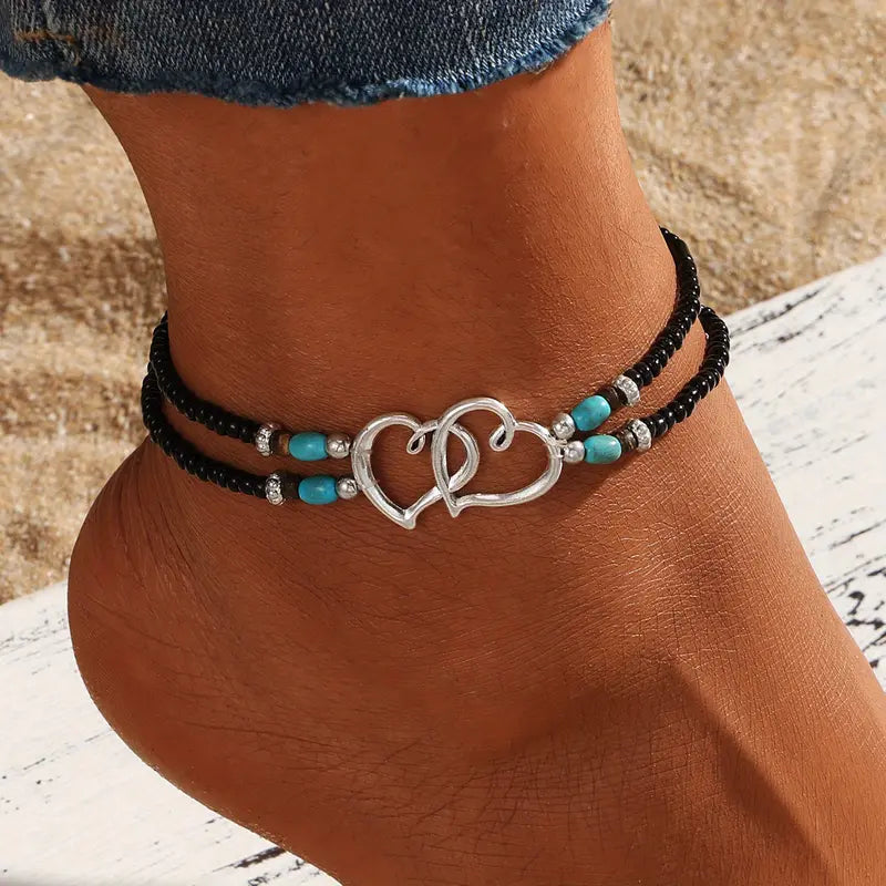 3Pcs Set Fashion Women Bohemia Beaded Heart Charms Multi-layer Anklet, Exquisite Boho Chic Double-Layer Beaded Heart Anklet, Perfect for Summer Vacation, Beach Wedding, Party Jewelry Gift