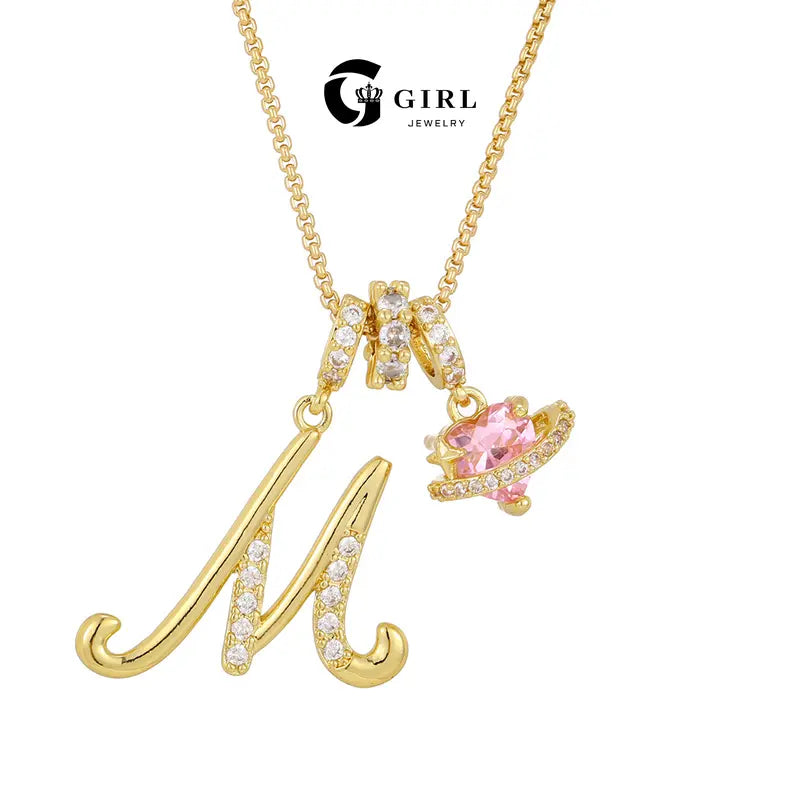 GGIRL Dopamine Alphabet Initial Necklace - 26 English Letter Pendants, Pink Holiday Heart Design, Colorful Initial Necklaces, Fashionable Accessory, Cute Girly Trendy Teen Gifts