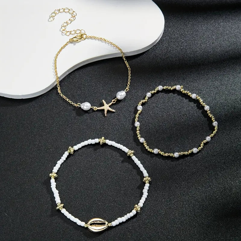 3pcs Beach Style Anklet Set] Beaded Anklet Set for Women, 3pcs Summer Beach Style, Starfish and Shell Charms, Vacation & Daily Wear, Universal Anklets Set
