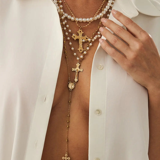Women's Punk Style Cross Pendant Necklace Set, Zinc Alloy Chain, Faux Pearl Design, Fashion Jewelry Party, All Season Jewelry for Women Daily Wear & Parties, Multilayer Cross Necklace, Layered Cross Necklace