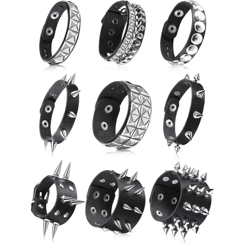 Women's 9-Pack Emo Studded Punk Cuff Bracelet Set, Black Faux-Leather Safety Bracelets Stack, Adjustable Fashionable Jewelry Accessories for Halloween Cosplay