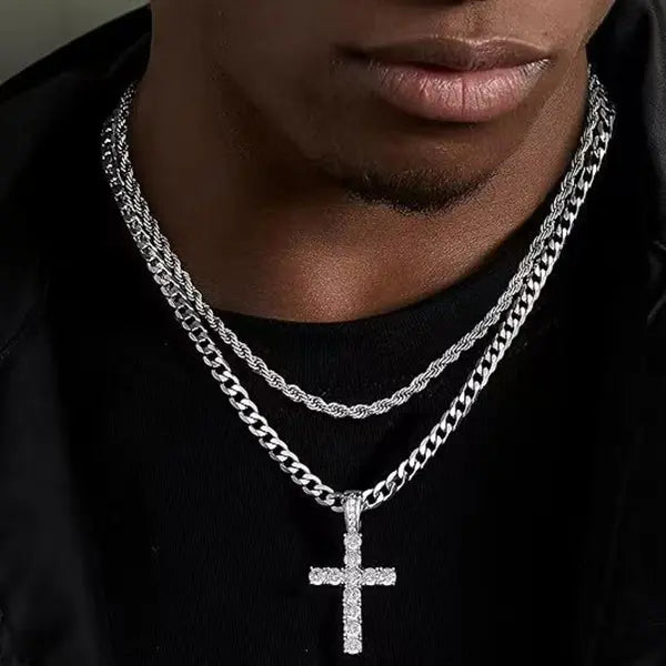 Chunky Cross Costume Necklace for Men - 17-20 Inches Silver Curb Cuban Link Chain, 45g Long Metal Coating Unisex Men's Jewelry Accessory