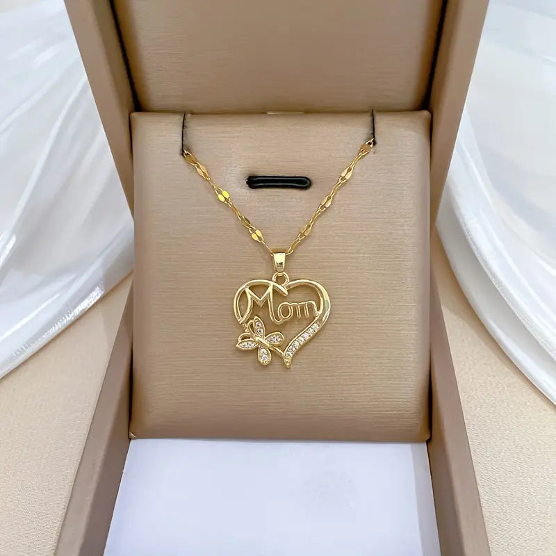 Women's Stainless Steel Heart-Shape Chain & Link Necklace with Butterfly Pendant, Elegant Wearable CZ Shine - Comfortable Female Gift for Mothers Day, Everyday Elegance for Daily Wear & Special Occasions