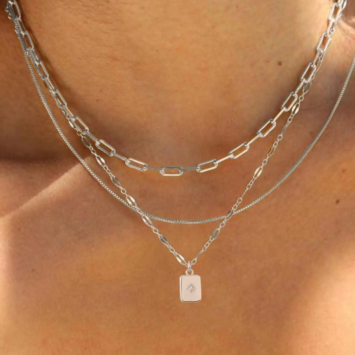 3 Piece Trendy Grid Paperclip Box Chain Necklace Set, Trendy Jewelry, Minimalist Rectangle Pendant with Sparkling Star Artificial Zircon