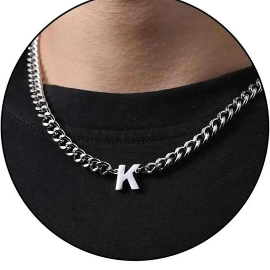 Men's Letter Cuban Necklace, Stainless Steel, Silver Color Letters A-Z Pendant, Chain Design, Personalized Gift for Men, Initial Necklaces