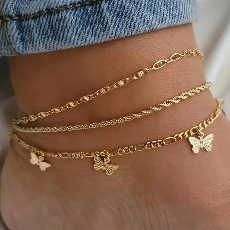 Women's Elegant Gold Layered Cuban Chain Link Anklet Set - Chic Motifs Heart Butterfly, Waterproof Beach Foot Chains, Dainty Stackable Ankle Bracelets, Summer Vacation Gift, Non-Tarnish Female Accessories for Women