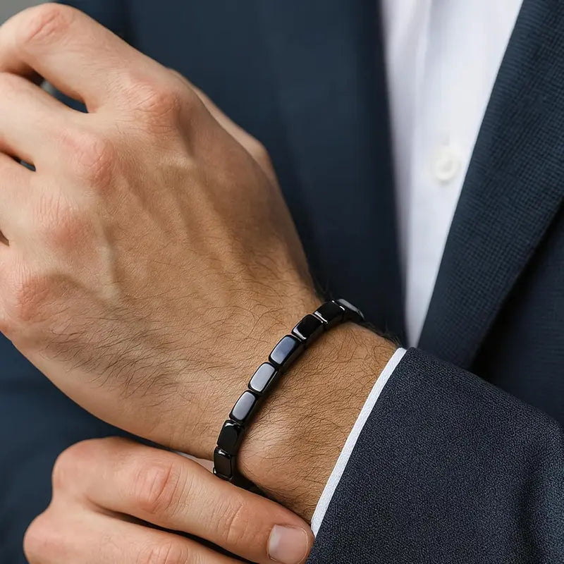 Men's Genuine Natural Polished Hematite Solid Beads Bracelet - Adjustable Stretch Bangle, Understated Shine, Minimalist Male Accessory, High-Quality Grounding Piece for Daily Wear