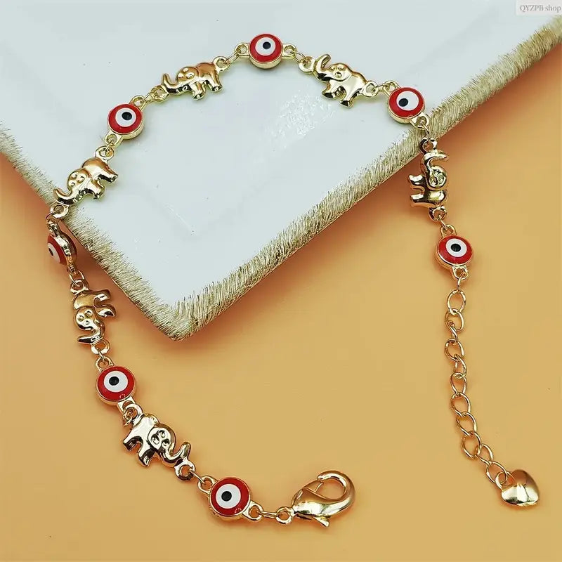 Women's Fashionable Boho Elephant Charm Bracelet - Vintage Gold-Tone Stainless Steel, Adjustable Layering Chain for Layered Look, Red Elephant Eye Pendant, Festival Accessory, Sohochic, Steel Plastic
