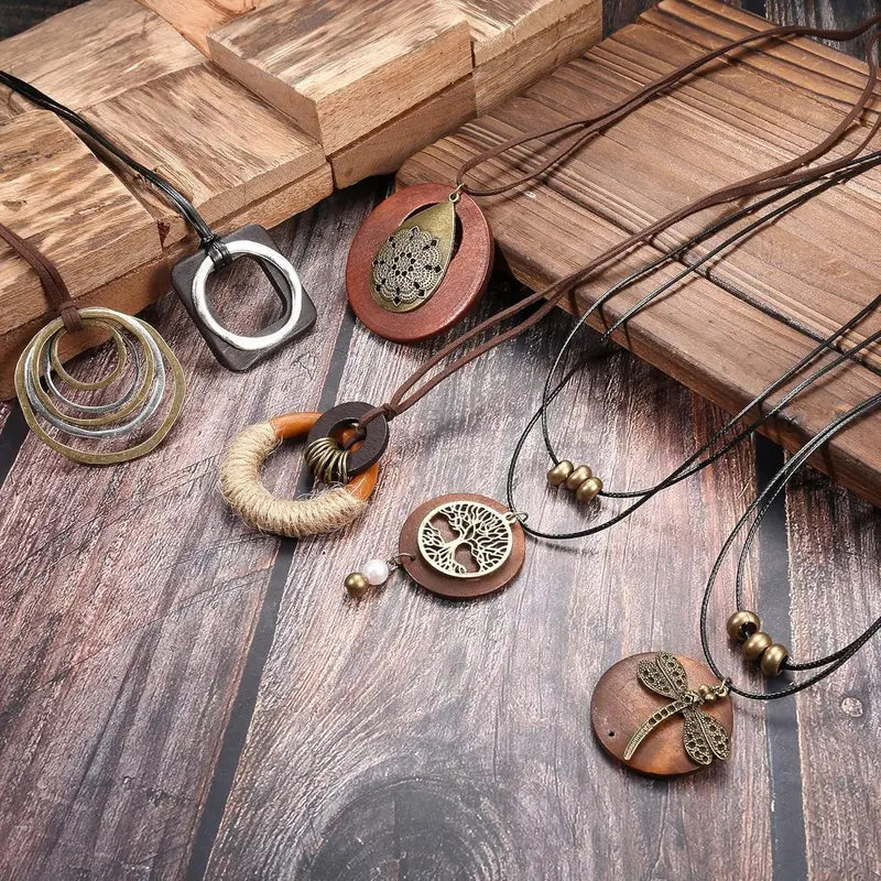FUNRUN 6Pcs Boho Layered Necklace Set • Vintage Wooden Long Pendant Necklace • Y2K Hippie Statement Jewelry for Women