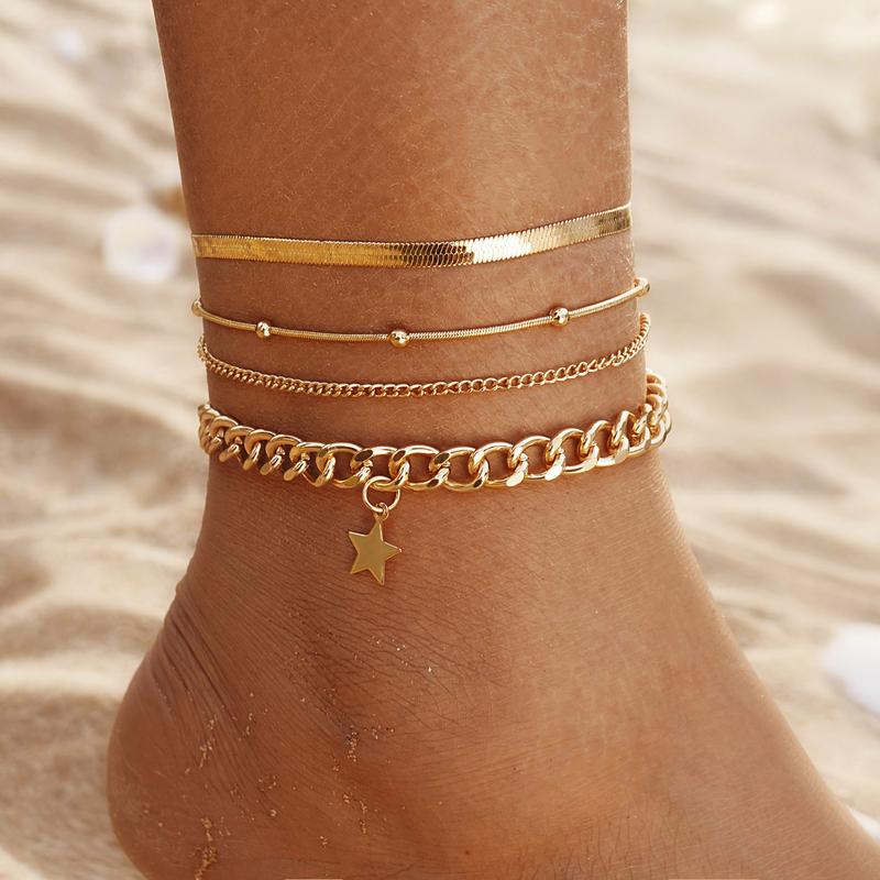Female Gold-Layered Anklets - Boho Chevron Pattern, Hamsa Hand, Elephant Foot, Geometric, Love Letter Bead Animal Layering Foot Chains for Summer Gifting (Sports & Outdoor Camping & Hiking Hammocks Accessory)