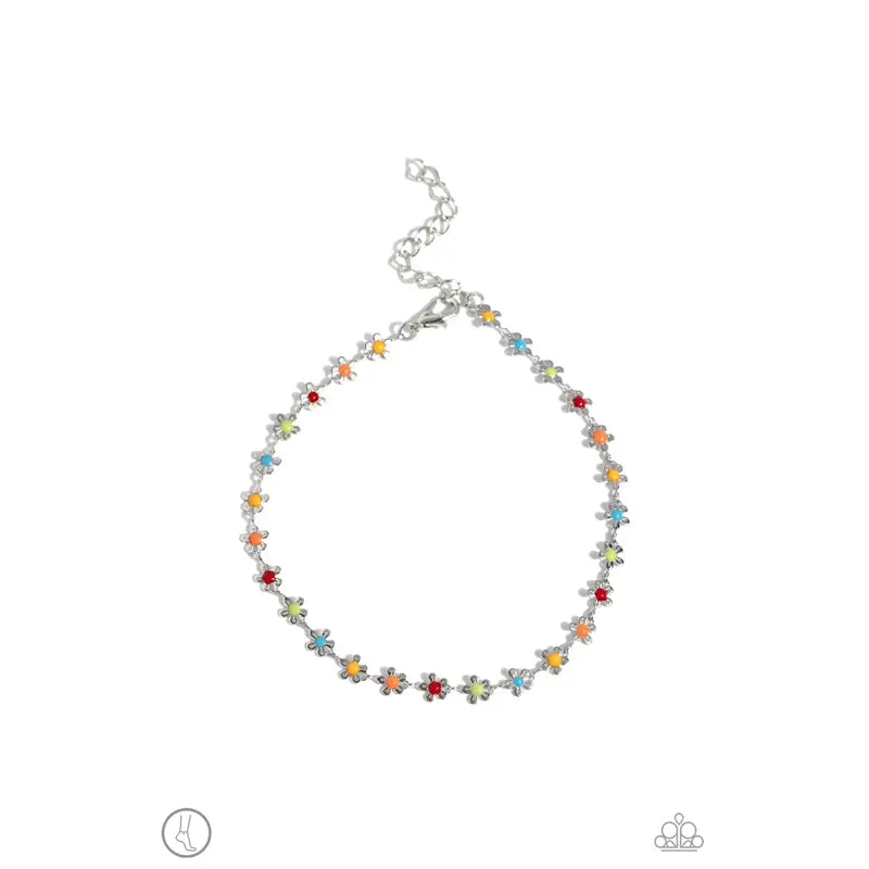 Familiar Florals - Multi Red Green Blue Flower Silver Anklet - Paparazzi