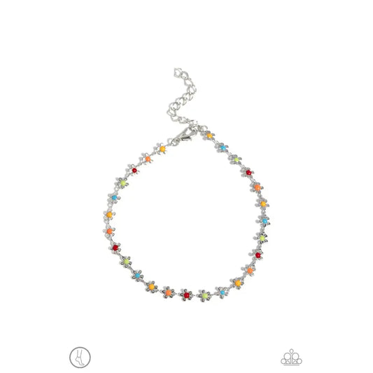 Familiar Florals - Multi Red Green Blue Flower Silver Anklet - Paparazzi