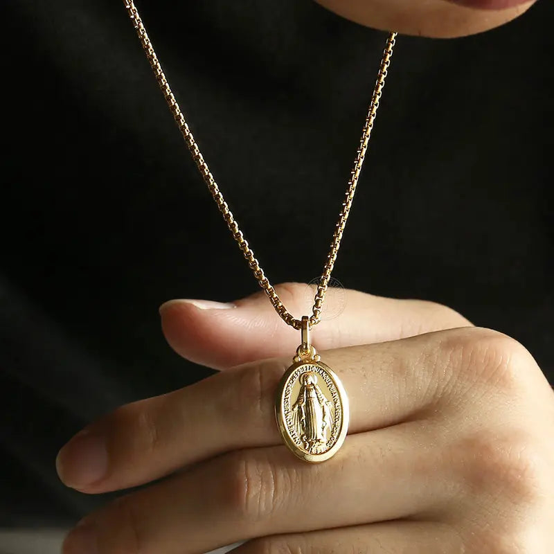 Hermah Double Virgin Mary Pendants Necklace Stainless Steel Box Link (2 charms + 1 chain)