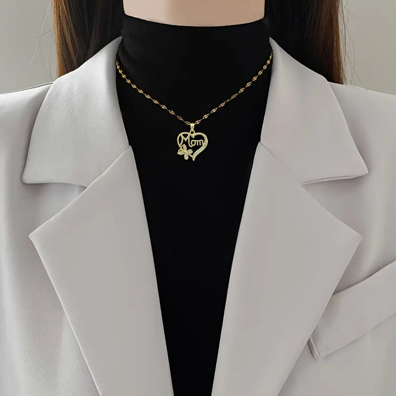 Women's Stainless Steel Heart-Shape Chain & Link Necklace with Butterfly Pendant, Elegant Wearable CZ Shine - Comfortable Female Gift for Mothers Day, Everyday Elegance for Daily Wear & Special Occasions