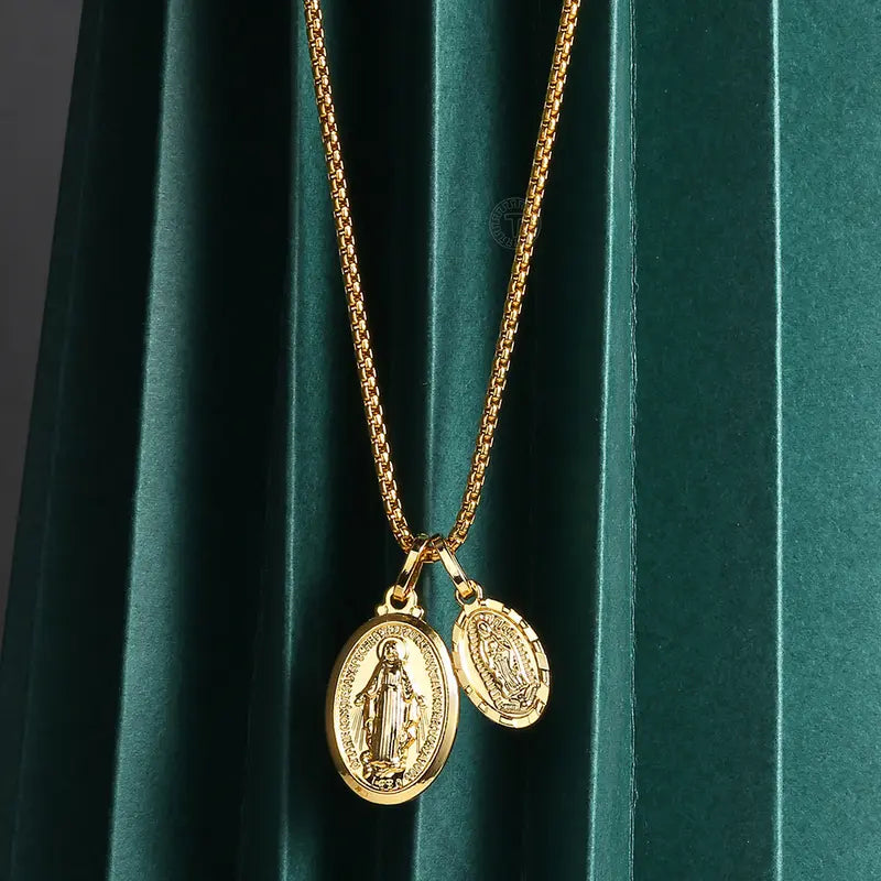 Hermah Double Virgin Mary Pendants Necklace Stainless Steel Box Link (2 charms + 1 chain)