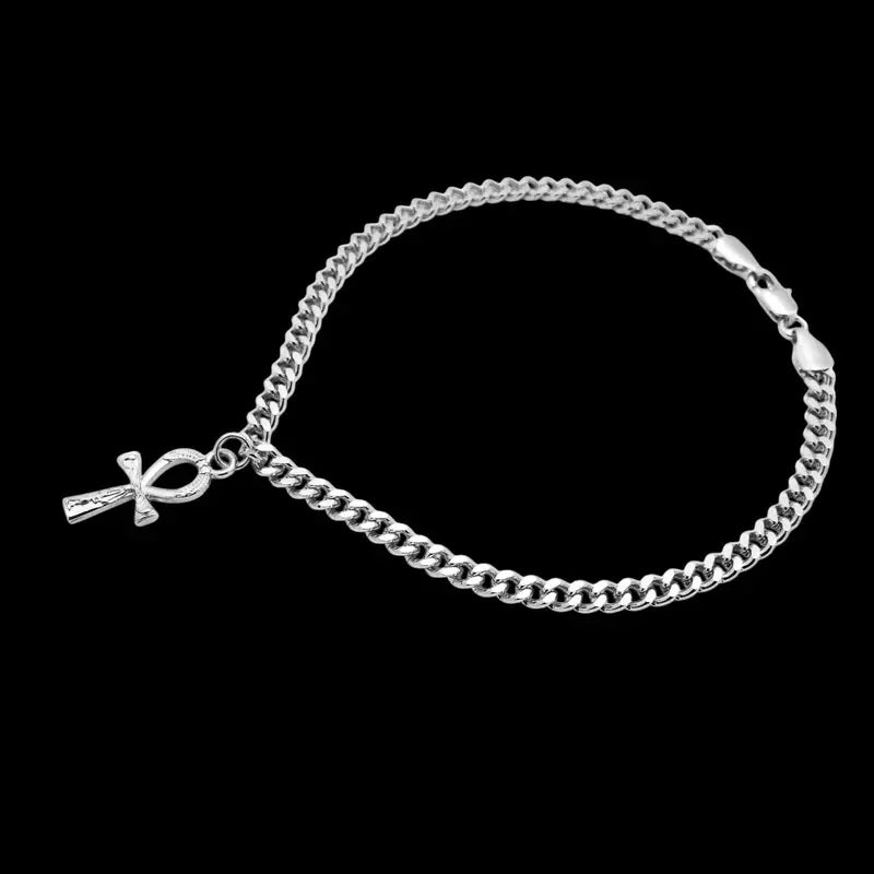 MaxBling81 Women's Blinged Out Ankh Logo Anklet - 4mm 10" Silver Cuban Chain, Polished Finish, Nefertiti Costume Jewelry, Daily Wear Fashion Accessory