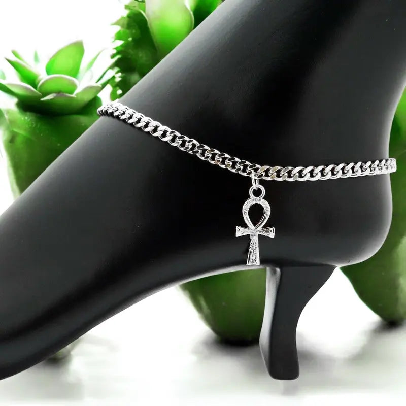 MaxBling81 Women's Blinged Out Ankh Logo Anklet - 4mm 10" Silver Cuban Chain, Polished Finish, Nefertiti Costume Jewelry, Daily Wear Fashion Accessory