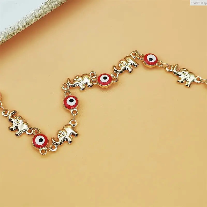 Women's Fashionable Boho Elephant Charm Bracelet - Vintage Gold-Tone Stainless Steel, Adjustable Layering Chain for Layered Look, Red Elephant Eye Pendant, Festival Accessory, Sohochic, Steel Plastic