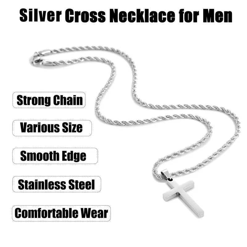 Stainless Steel Unisex Cross Necklace for Men and Women, Mens Chain Necklace with 2.5mm Rope Chain 18-26 Inches Mens Gift
