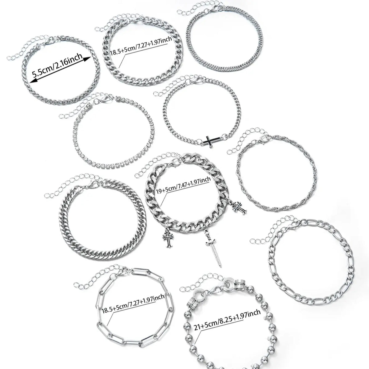 Metal Chain Design Cross Bracelet Set, Multi-Layer Beaded Fashion Accessory, Unisex Punk Style Jewelry, 11 Pieces Bracelet Stacks, Stacked Design Bracelets, Chain Bracelet Pack