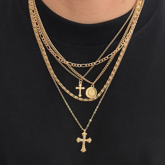 5-Piece Set Multi-Layer Cross Necklace, Chain, Men's Hip-Hop Style Layered Necklaces, Unisex Versatile Collarbone Chains, Cross Charm Necklace, Alloy Necklace, Cross Chain Design, Casual Trendy Jewelry