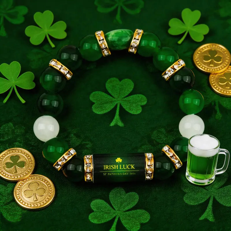Irish Luck St. Patrick's Day Bracelet | Green Agate Lucky Clover Beaded Bracelet with Rhinestones | Luck Bracelet - Attract Wealth, Abundance and Perfect Good Luck Gift for 2026!