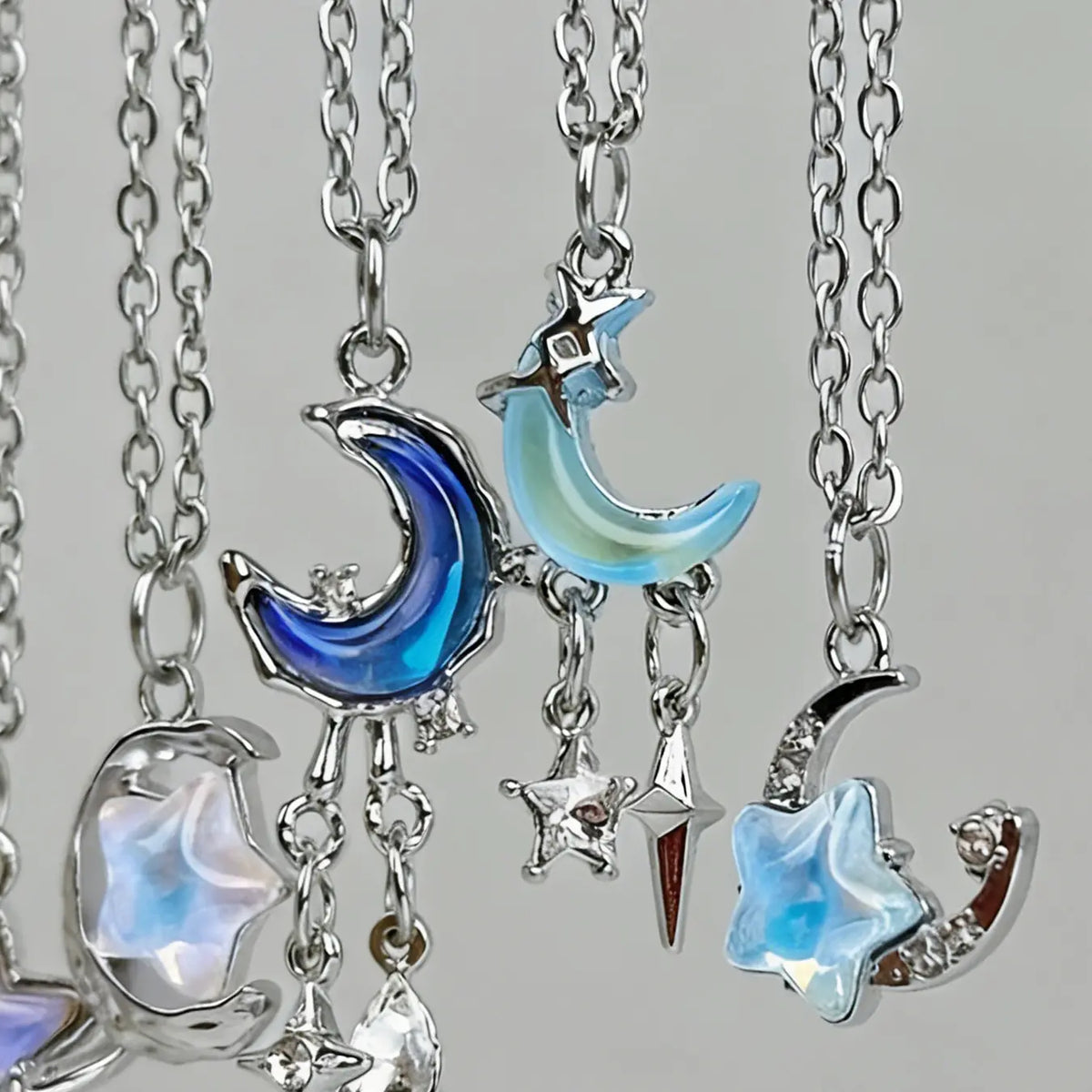Elegant Romantic Star Moon Necklace Set, Stars Pendant, Moon Pendant, Gradient Color Pendants, Adjustable Pendant Necklaces, Boho Style Necklace, Jewelry Set, Aurora Necklace, Alloy Necklace