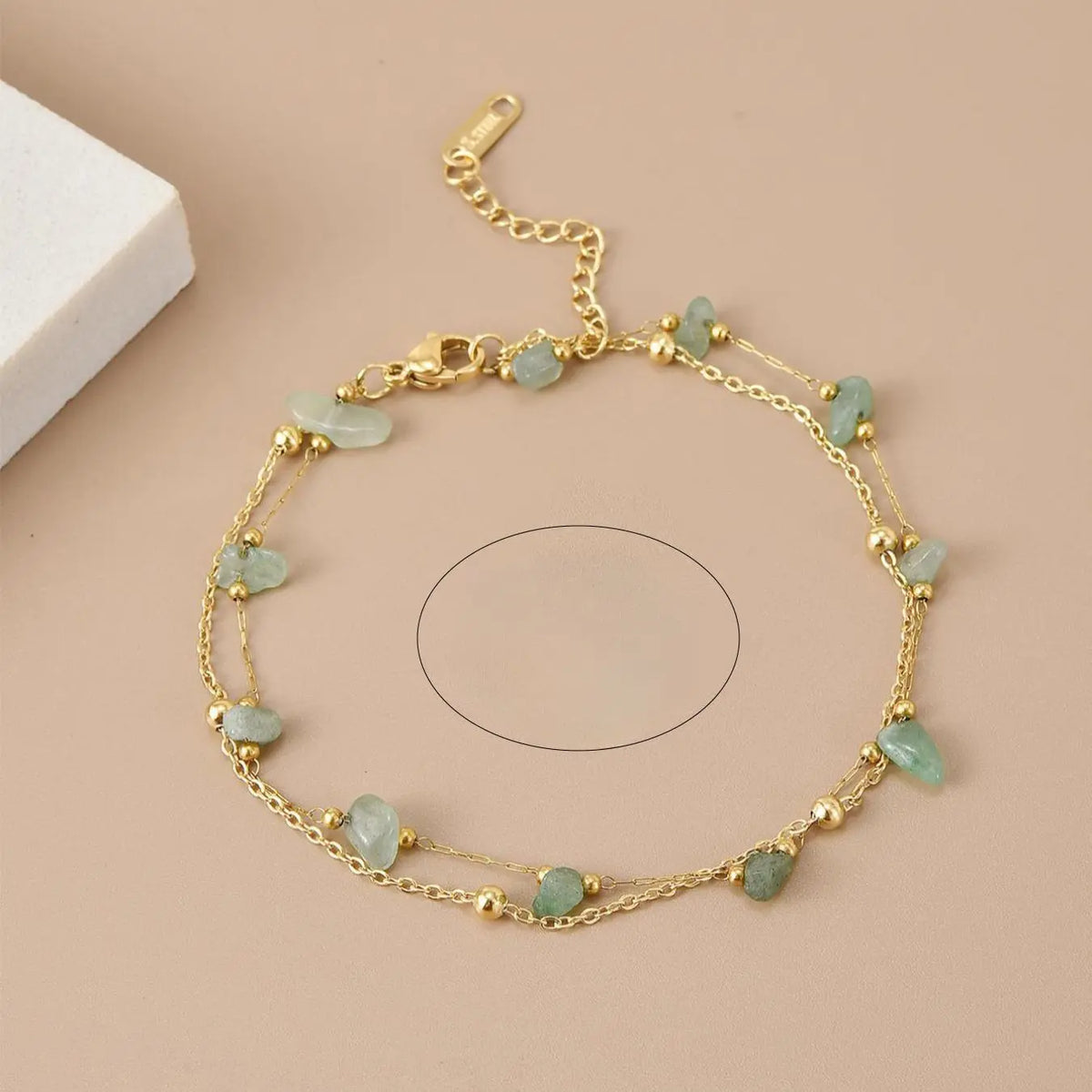 1 stylish green natural stone double-layer stainless steel women's anklet Dual Layered Dainty Layered Anklet Fashionable Jewelry Accessories Fashionable Accessory