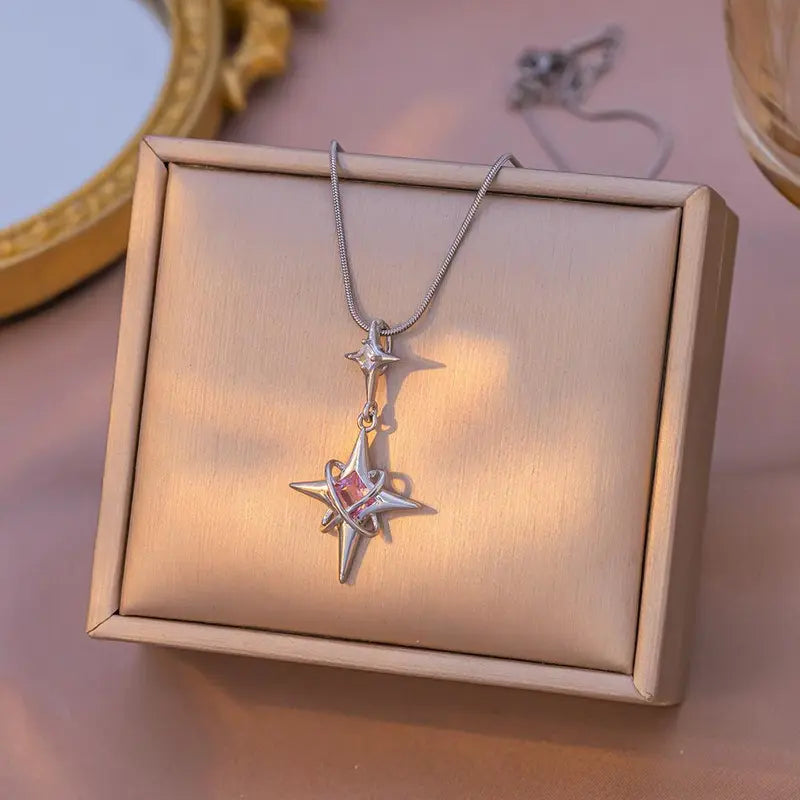 CASSIECA Pointed Star Cross Pendant Stainless Steel Necklace 40cm Long Clavicle Chain, Dainty Non Tarnish Luxury Jewelry with Cubic Zirconia, Retro Style Daily Wear Accessories, Ideal Gifts for Women, Stainless Steel Necklaces Sohochic