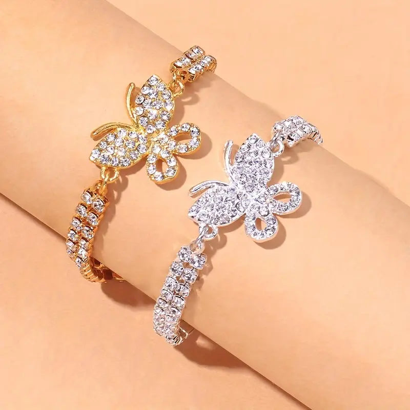 Fashionable Luxury Rhinestone Jewelry, Full-Drill Butterfly Anklet with Claw Chain and Soldered Setting, Women's Accessory Gift