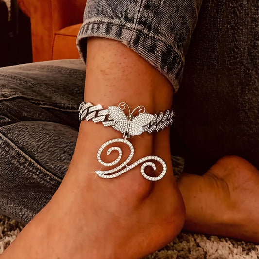 Water Drill Butterfly 26 Letter Pendant Cuban Anklet, Boho Anklet, Elegant Accessory, Unique Women's High Heel Party Jewelry, Evening Event Foot Bracelet