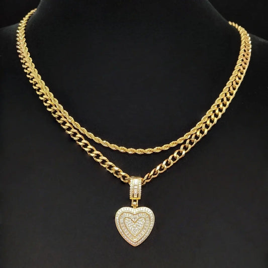 2Pieces/Set  Men or Women Hiphop Love Heart Pendant Necklace Fashion  Vintage Hip Hop Chunky Necklace Is Perfect For Party Or Everyday valentine Gifts Cuban Link Chains Necklace Cuban Necklaces