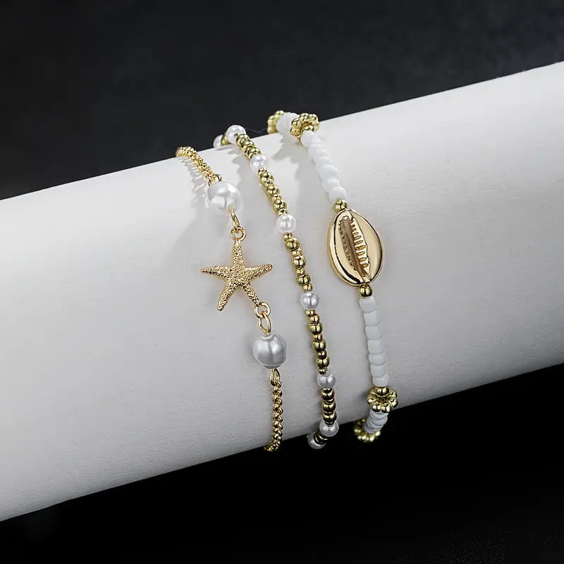 3pcs Beach Style Anklet Set] Beaded Anklet Set for Women, 3pcs Summer Beach Style, Starfish and Shell Charms, Vacation & Daily Wear, Universal Anklets Set