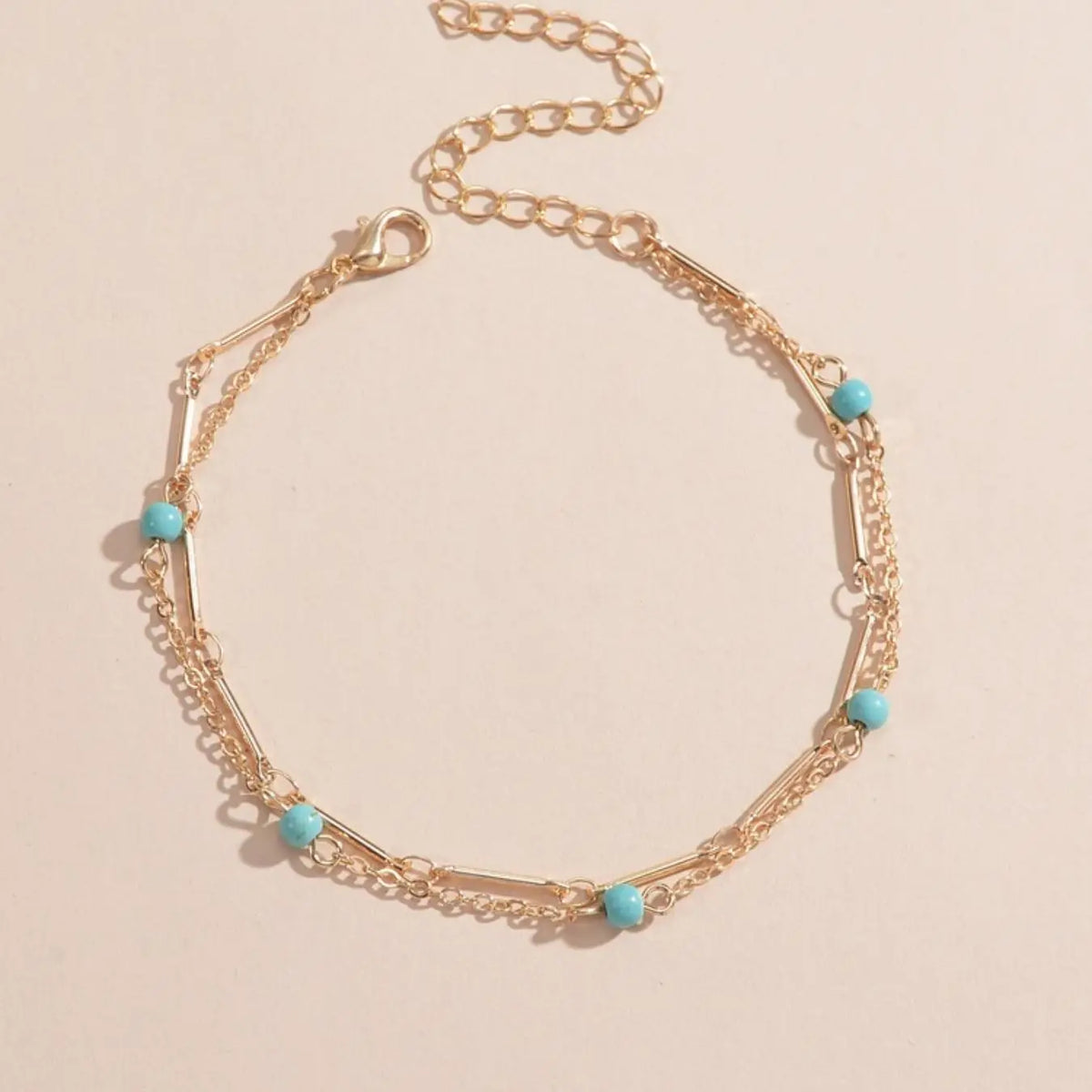 Boho Style Turquoise Texture Beaded Double Layer Design Anklet for Women & Girls, Foot Jewelry, Fashion Jewelry for Beach Party, Daily Clothing Decor, Trendy All-match & Exquisite Jewelry for Birthday Gift, Boho Ankle Bracelet, Accessory