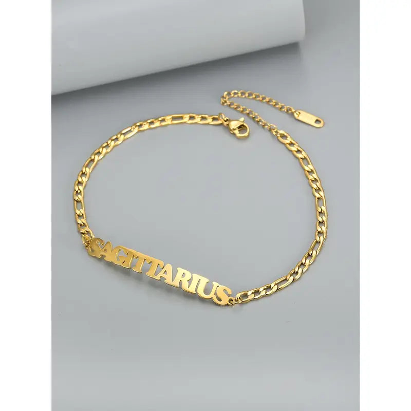 Women's Stainless Steel 12 Constellation Alphabet Letters Initial Anklet - Cuban Chain Ankle Bracelet, Elegant Accessory for Daily Vacation Use