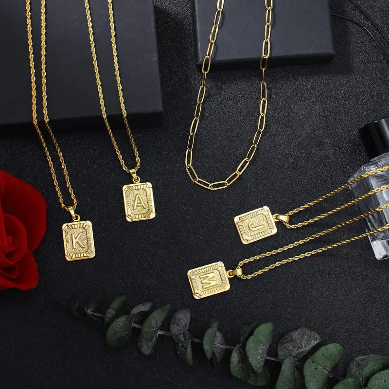 Initial Necklaces for Men & Women, 22in 2mm Rope Chain, Yellow Gold Metal Coating Stainless Steel, Customizable Personalized Charm, Long Casual Fashion Costume Jewelry, Ideal Gift