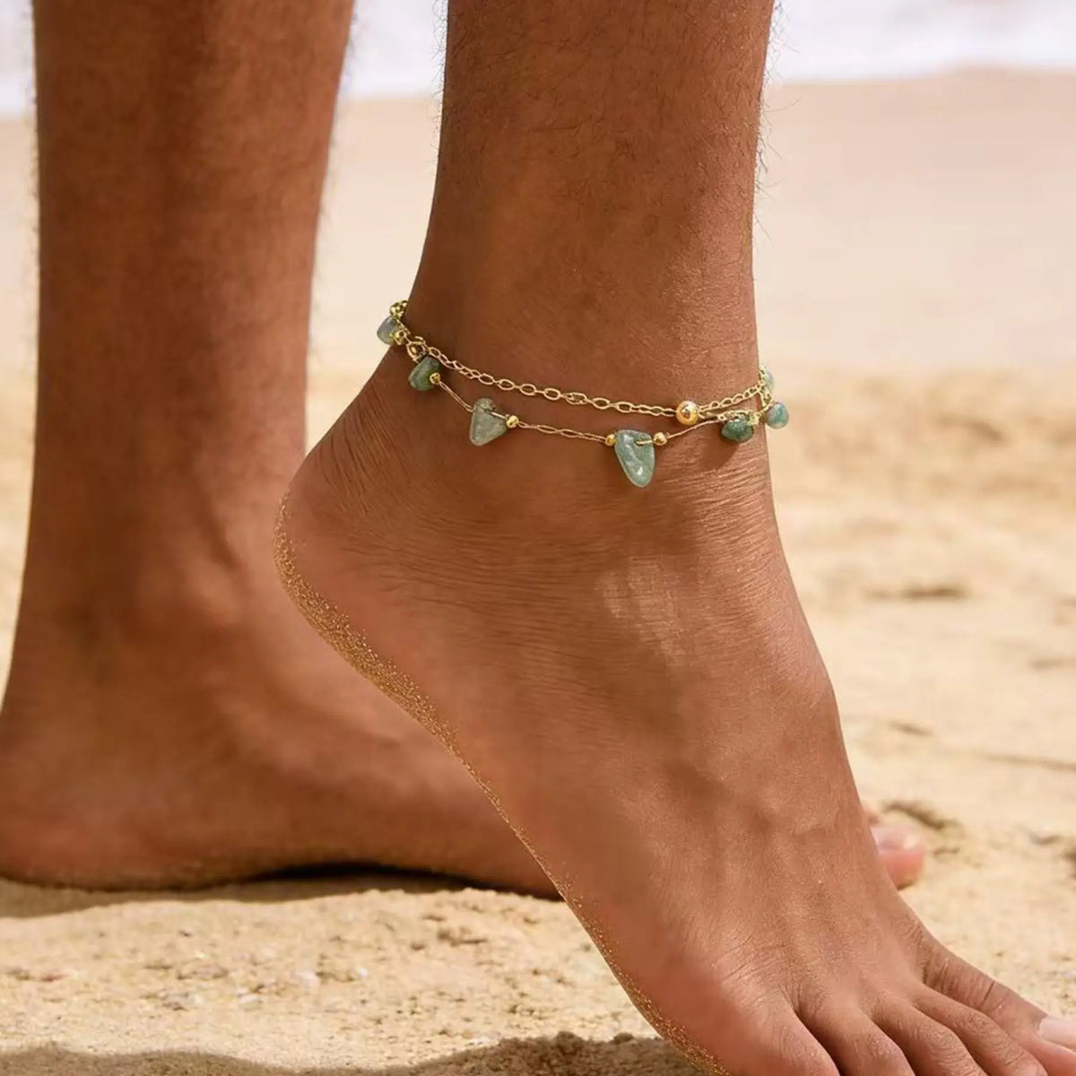 1 stylish green natural stone double-layer stainless steel women's anklet Dual Layered Dainty Layered Anklet Fashionable Jewelry Accessories Fashionable Accessory