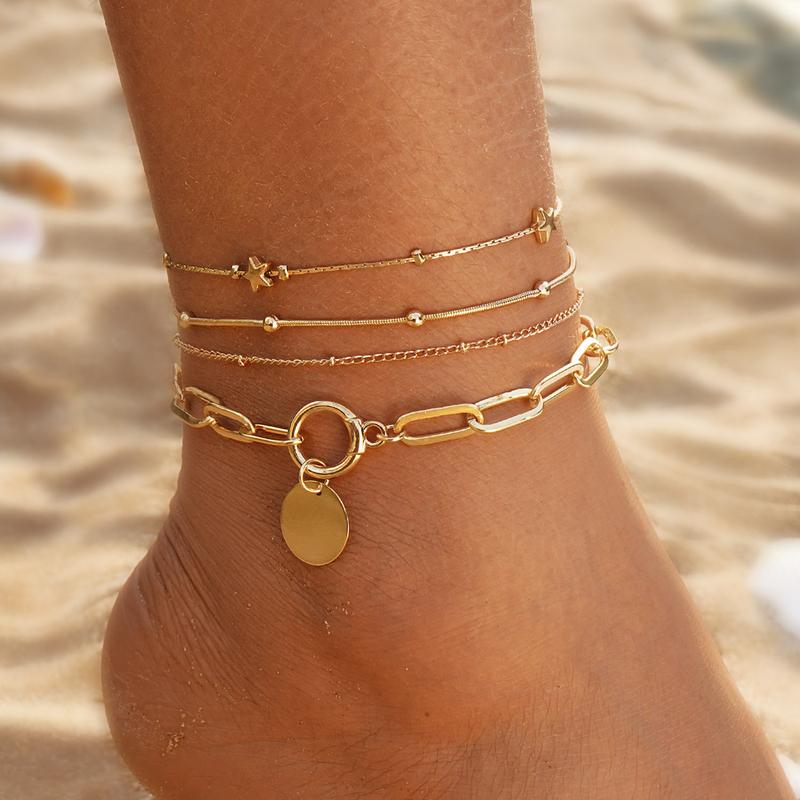 Female Gold-Layered Anklets - Boho Chevron Pattern, Hamsa Hand, Elephant Foot, Geometric, Love Letter Bead Animal Layering Foot Chains for Summer Gifting (Sports & Outdoor Camping & Hiking Hammocks Accessory)