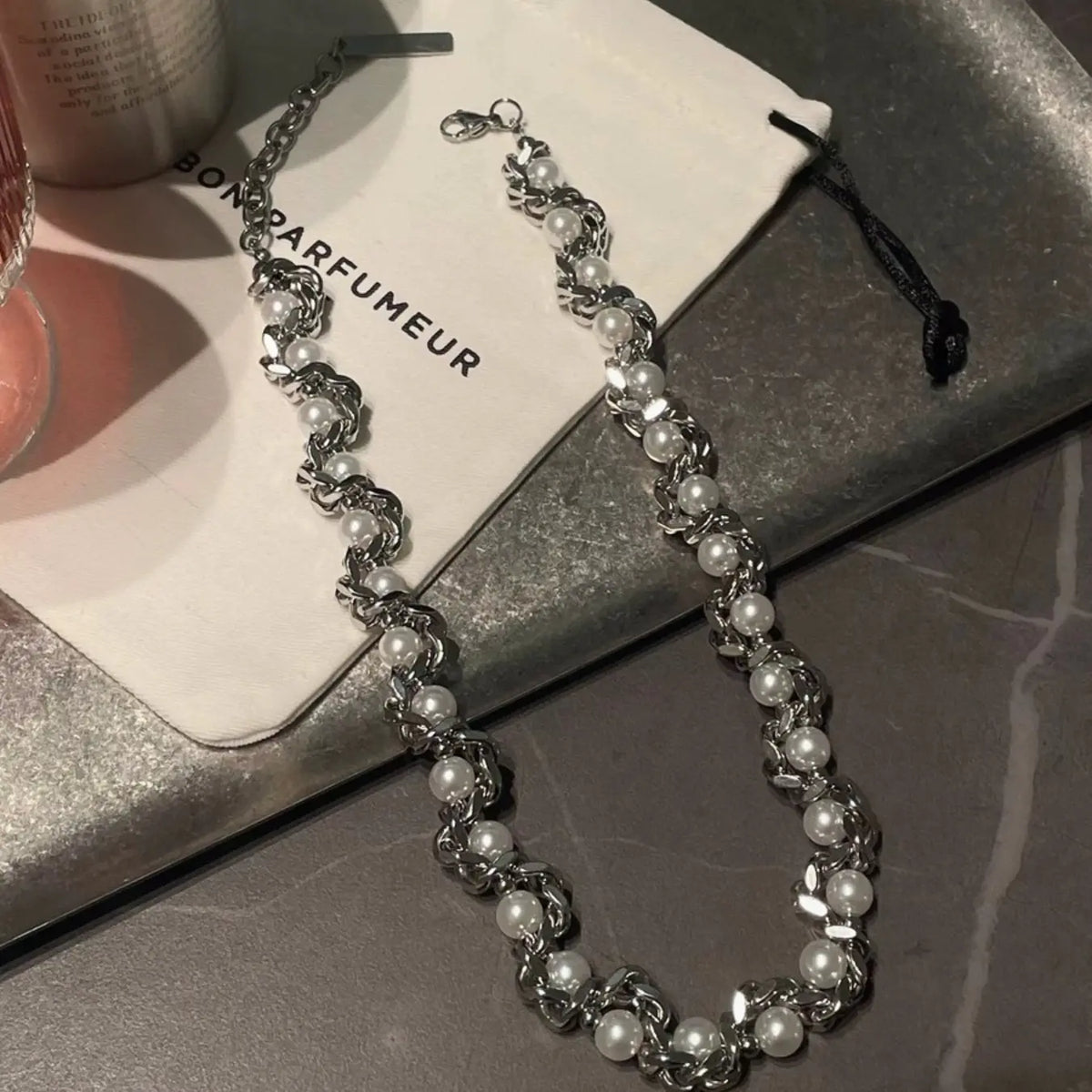 Men's Hip Hop Style Imitation Pearl Stainless Steel Necklace, Casual Street Fashion Cool Accessories Jewelry, Unique Design for Daily Wear, Casual Trendy Jewelry, Fashionable Accessory, Necklace Chain, Cuban Link Chain Necklace