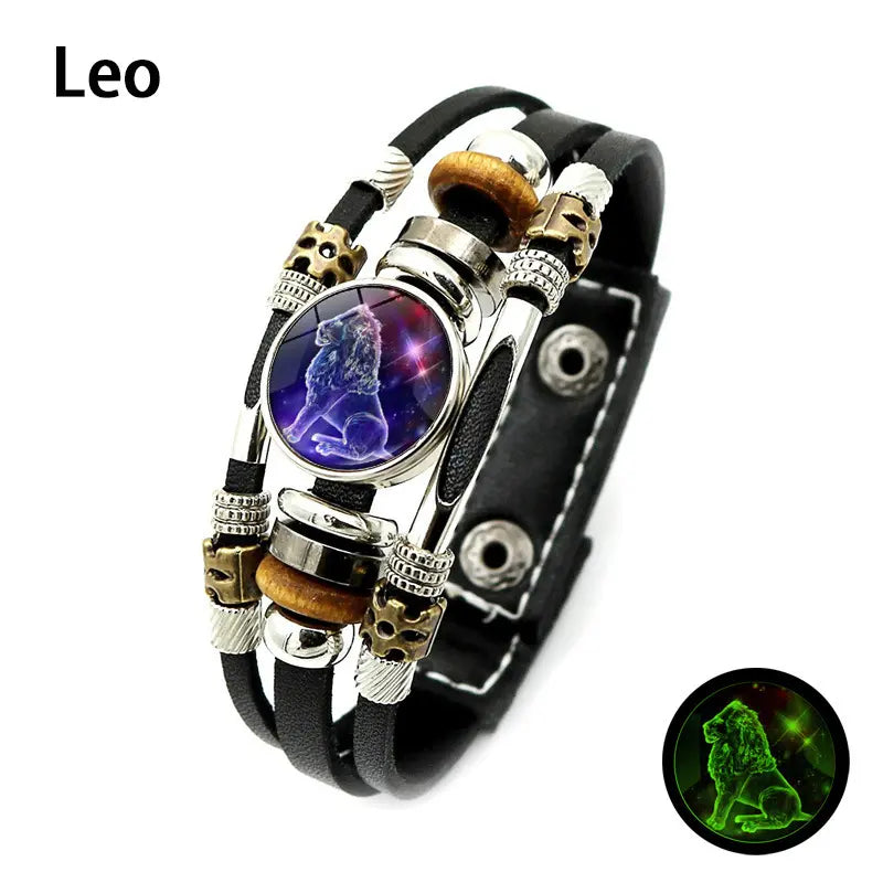 Glow-in-the-Dark 12 Zodiac Signs Leather Bracelet for Women Men 6.9in/8.1in, Glowing Effect Jewelry for Astrology Lovers, Fashion Accessory Jewelry Gift