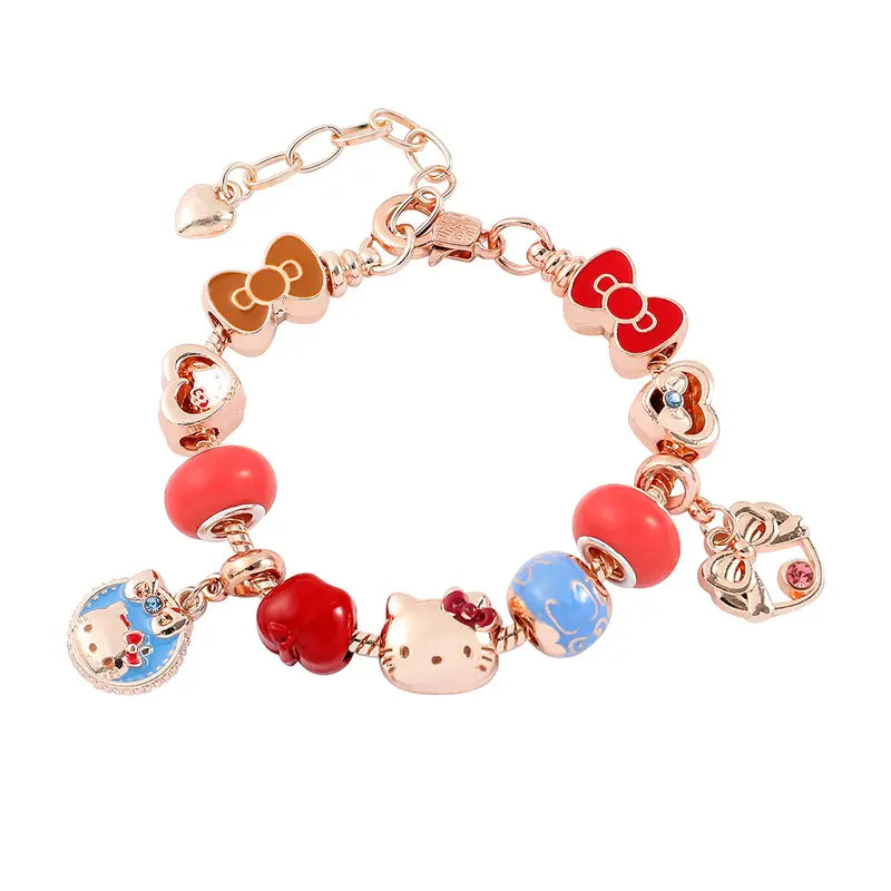 Sanrio Hello Kitty Charm Bracelet with Heart Key & Pink Bead Accents Adjustable Fit Sparkling Design for Sanrio Fans