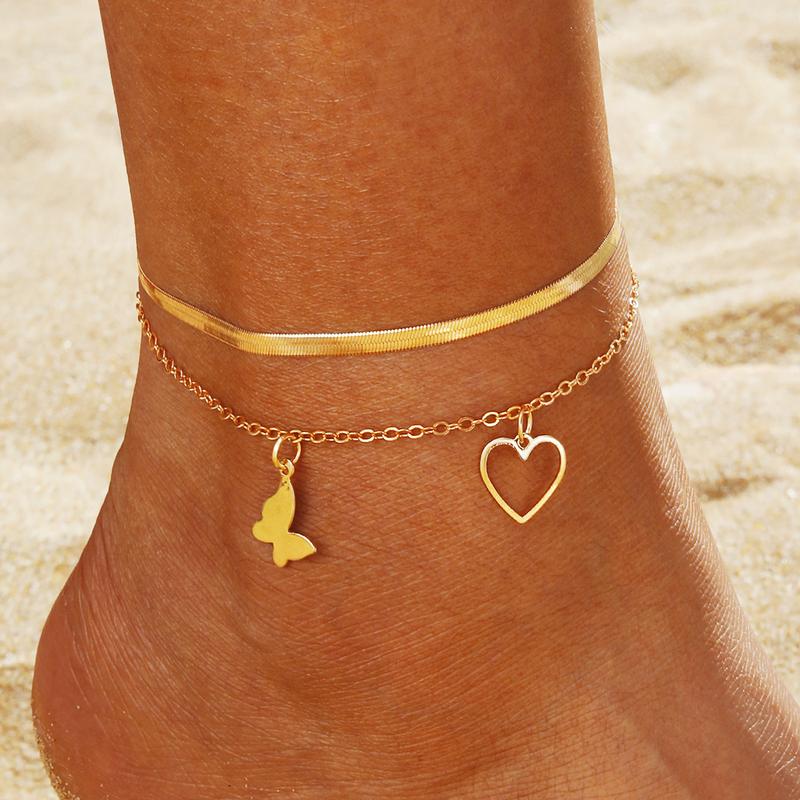 Female Gold-Layered Anklets - Boho Chevron Pattern, Hamsa Hand, Elephant Foot, Geometric, Love Letter Bead Animal Layering Foot Chains for Summer Gifting (Sports & Outdoor Camping & Hiking Hammocks Accessory)