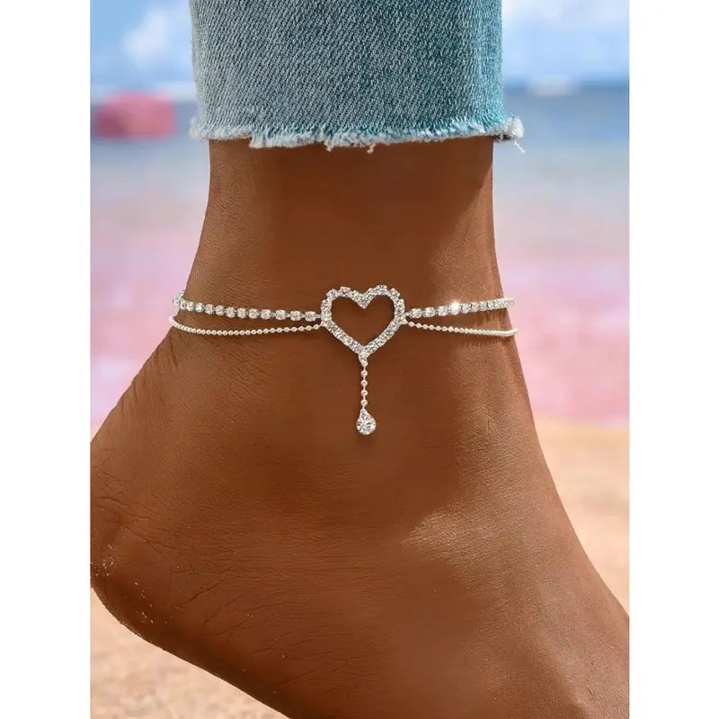 Women's Elegant Heart Rhinestone Anklet - Stainless Steel Chain Wearable Jewelry, Elegant Accessory, Light Luxury Casual Style, Ideal for Everyday Wear, Beach Date Night Gift