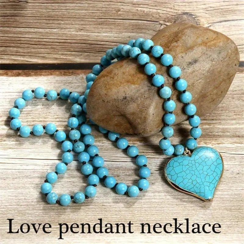 Women's Boho Vintage Turquoise Stone Fashion Necklace - 86-88cm Long Layered Chain, Allergy-Safe Blue Jeweled Pendant, Handmade Coastal Artistic Statement Costume Jewelry, Festival Beach Gift