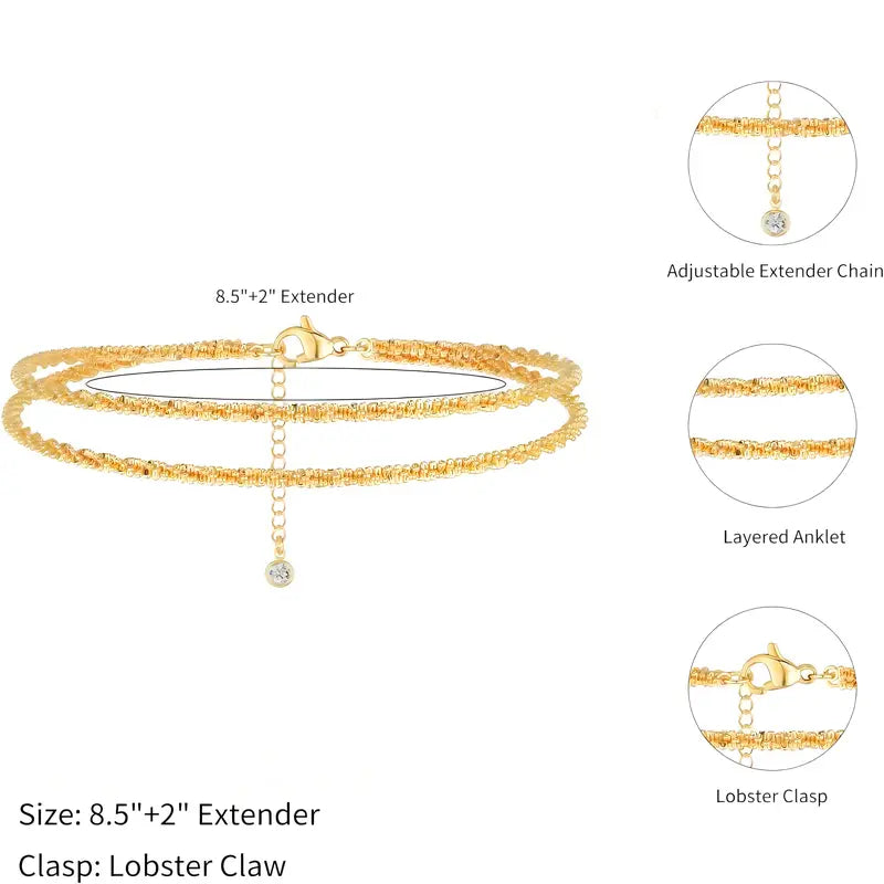 Tewiky Women's Layered Boho Anklet - Glitter Waterproof Adjustable Foot Jewelry with Cubic Zirconia, Chain Link, Box Chain, Shine Resistant, Fashionable Jewelry Accessory for Summer Beach, Gift for Women