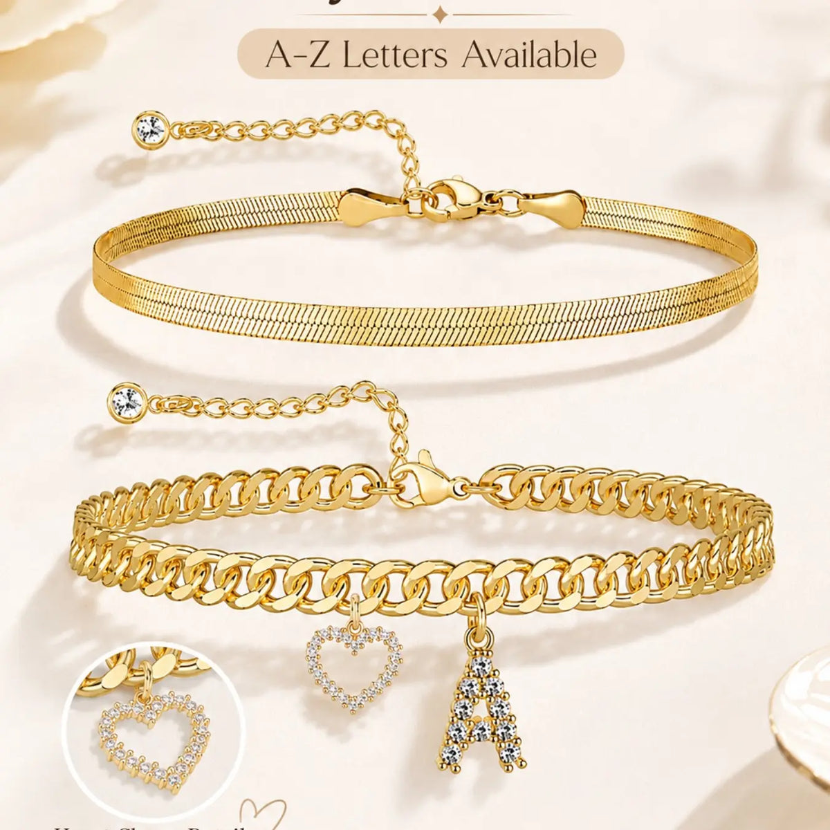 Double-Layer 26-Letter Gold Tone Chain Heart Anklet for Women, Adjustable A-Z Initial Ankle Bracelet, Dainty Layered Jewelry, foot jewelry, Birthday Christmas Gift for Her